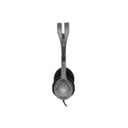 Logitech over-ear headphones in gray and black, shown from a top-down view on a solid white background.