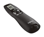 Black Logitech remote control on a white background
