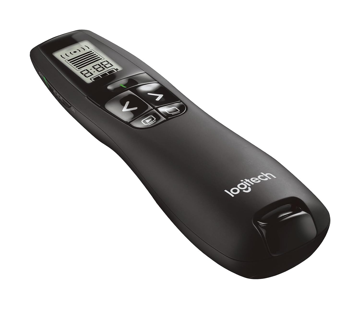 Black Logitech remote control on a white background