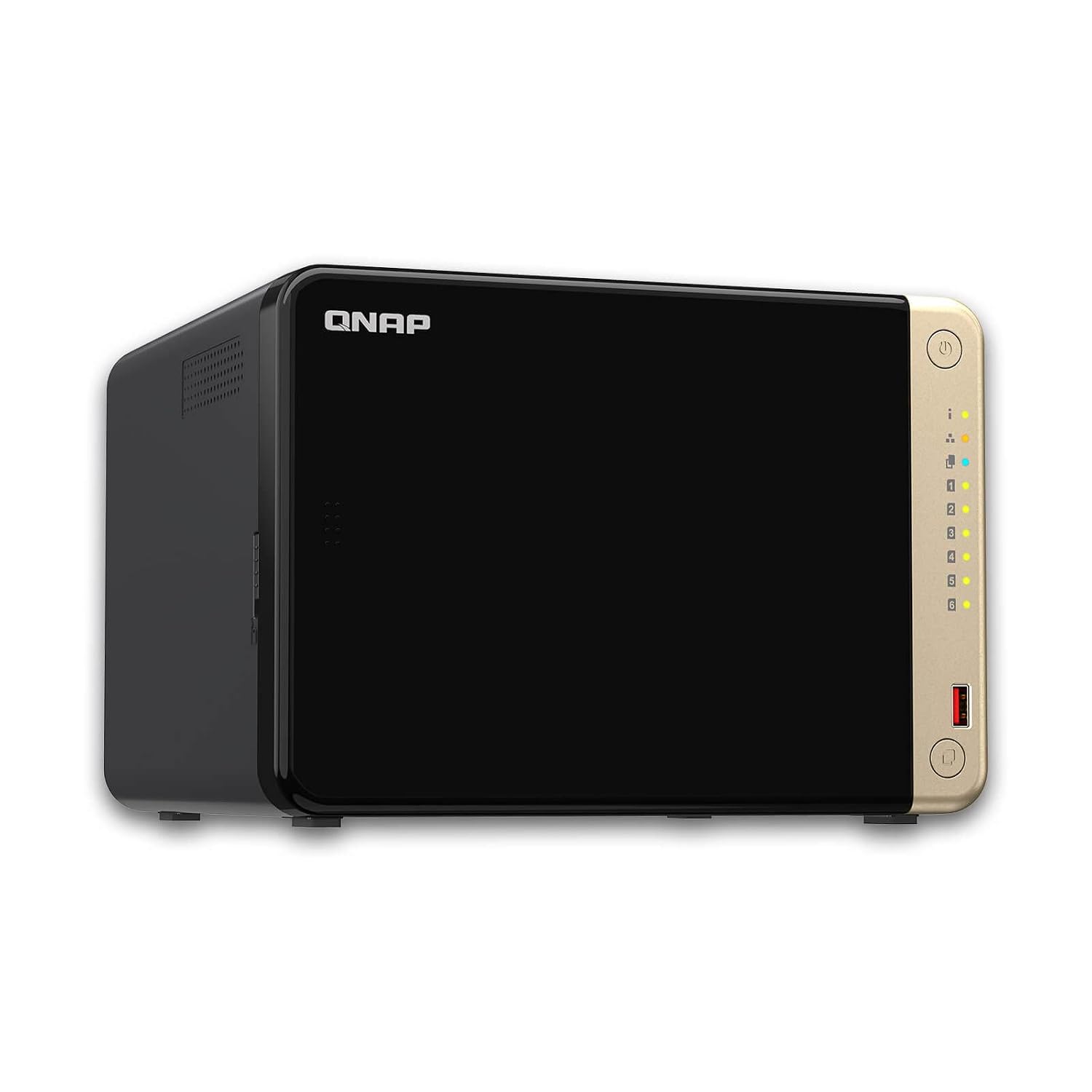 A QNAP network storage device with a black front face, a gold side panel featuring buttons and ports, and a dark gray side casing, shown on a plain white background.