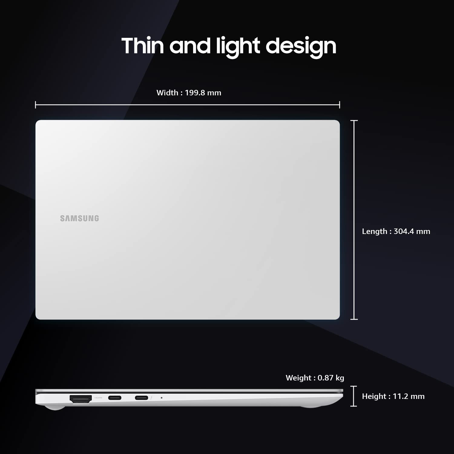 Samsung laptop shown on a dark background with dimension labels for width, length, and height, plus a side profile showing thickness and weight.