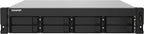 QNAP NAS device with multiple hard drive bays on a white background