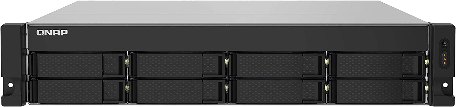 QNAP NAS device with multiple hard drive bays on a white background