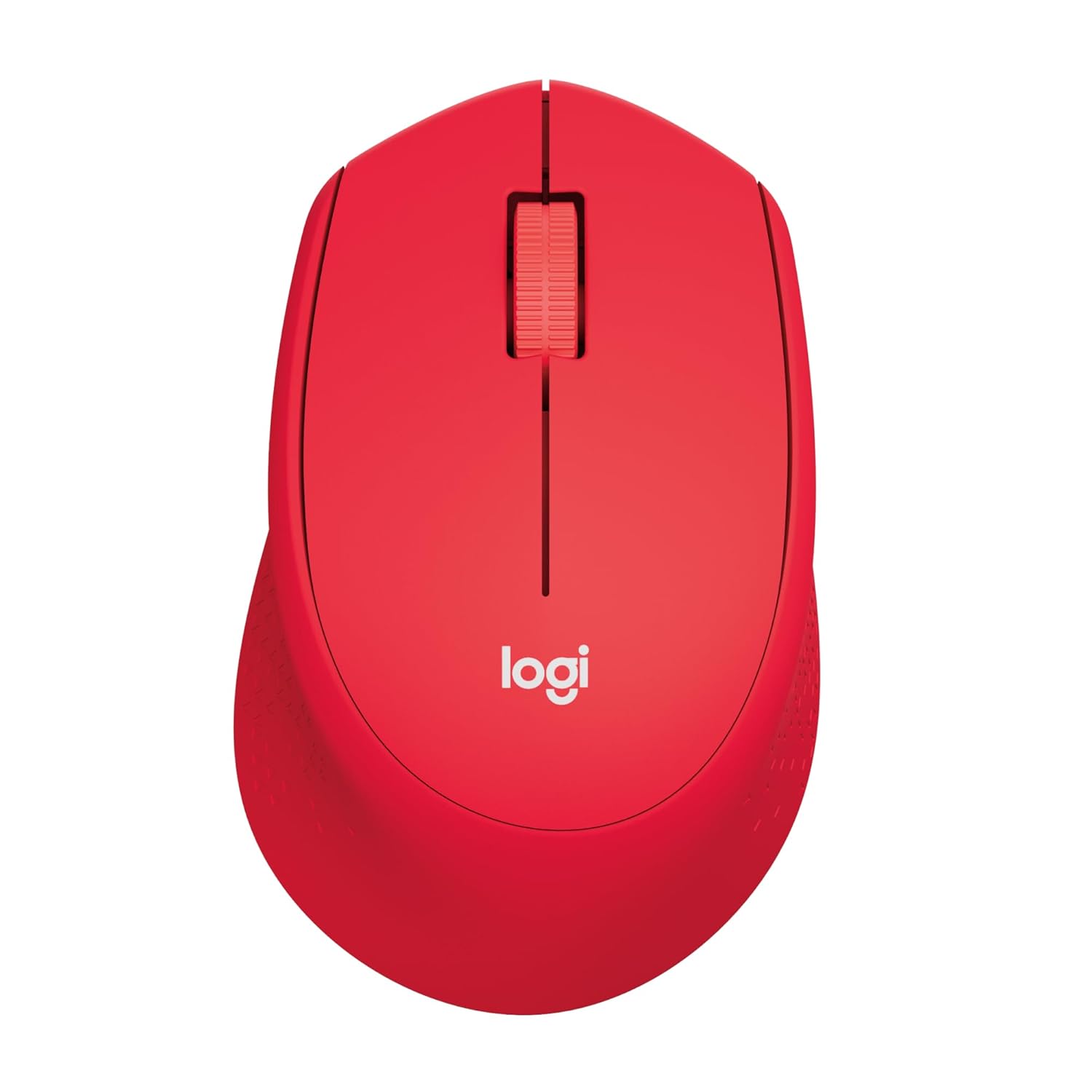 Red computer mouse with Logitech logo on a white background