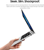 Hand holding a silver laptop with text describing its features on a white background