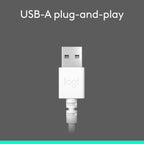 A white Logi USB-A plug-and-play cable connector centered on a dark gray background with the text 'USB-A plug-and-play' at the top.
