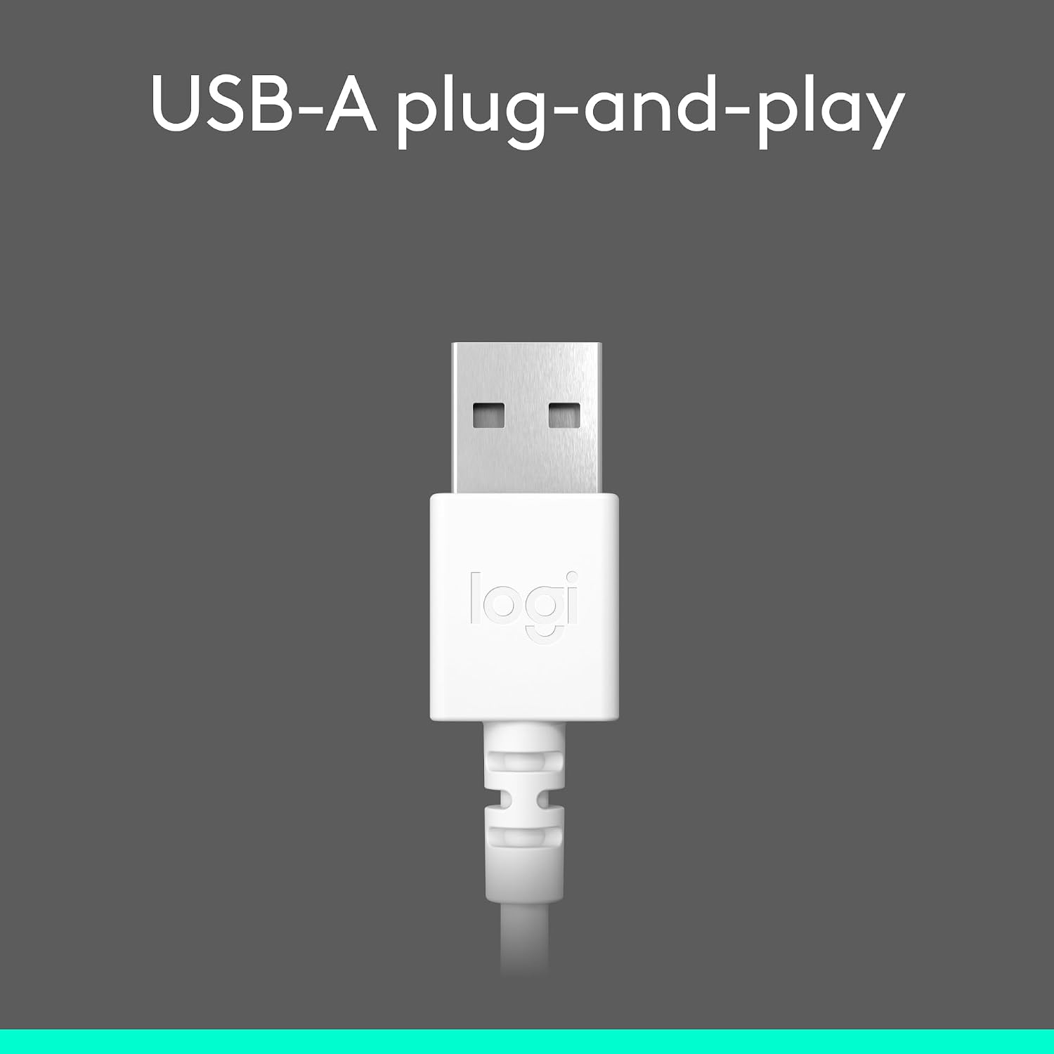 A white Logi USB-A plug-and-play cable connector centered on a dark gray background with the text 'USB-A plug-and-play' at the top.
