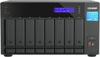 A QNAP All-in-One NAS device with eight bays, featuring a black front panel, a blue display screen, and a blue QNAP TVS-h74T sticker on the right side.