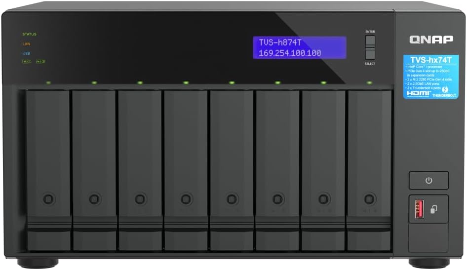A QNAP All-in-One NAS device with eight bays, featuring a black front panel, a blue display screen, and a blue QNAP TVS-h74T sticker on the right side.