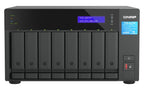 QNAP NAS device with multiple hard drive bays and a digital display.