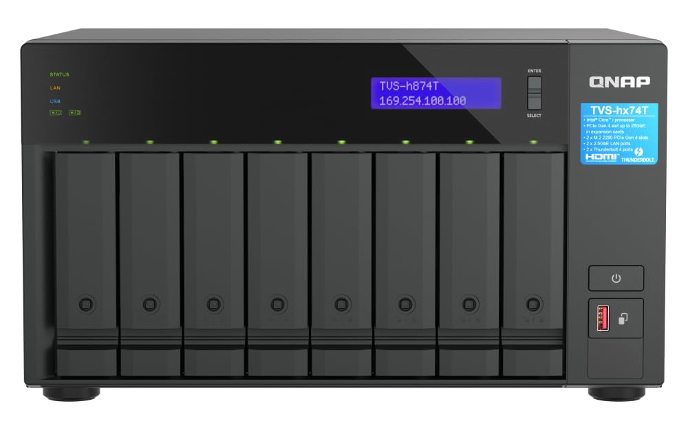 QNAP NAS device with multiple hard drive bays and a digital display.