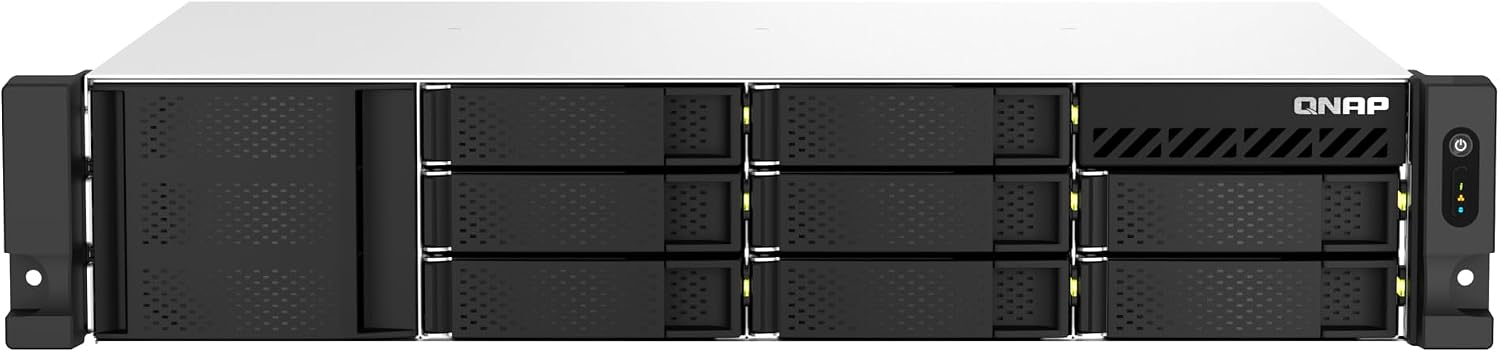 QNAP NAS system with multiple hard drive bays on a white background