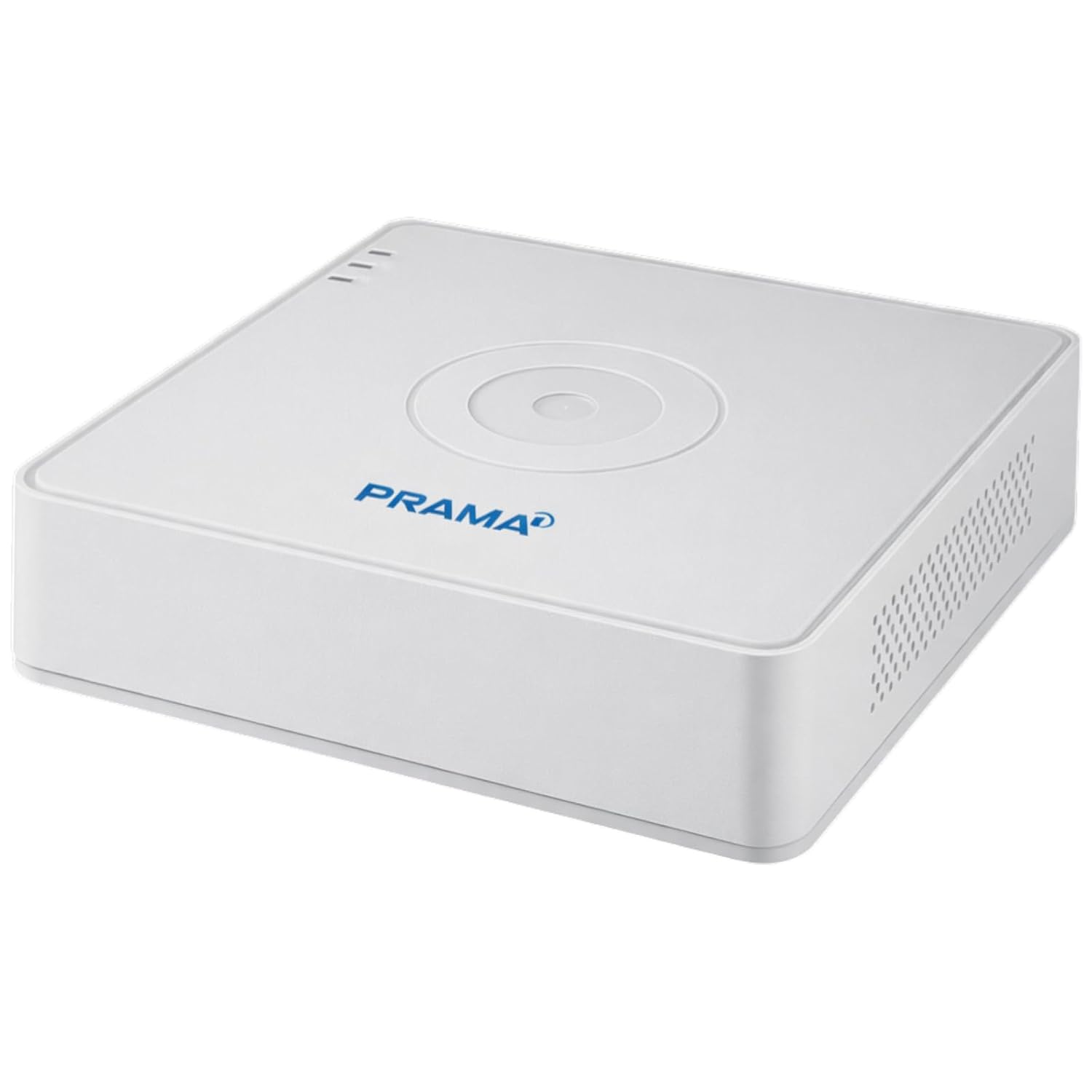 A white rectangular PRAMA security camera box with a circular top button, blue PRAMA logo, and ventilation slots on the side, shown on a plain white background.