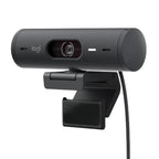 Black Logitech webcam on a white background