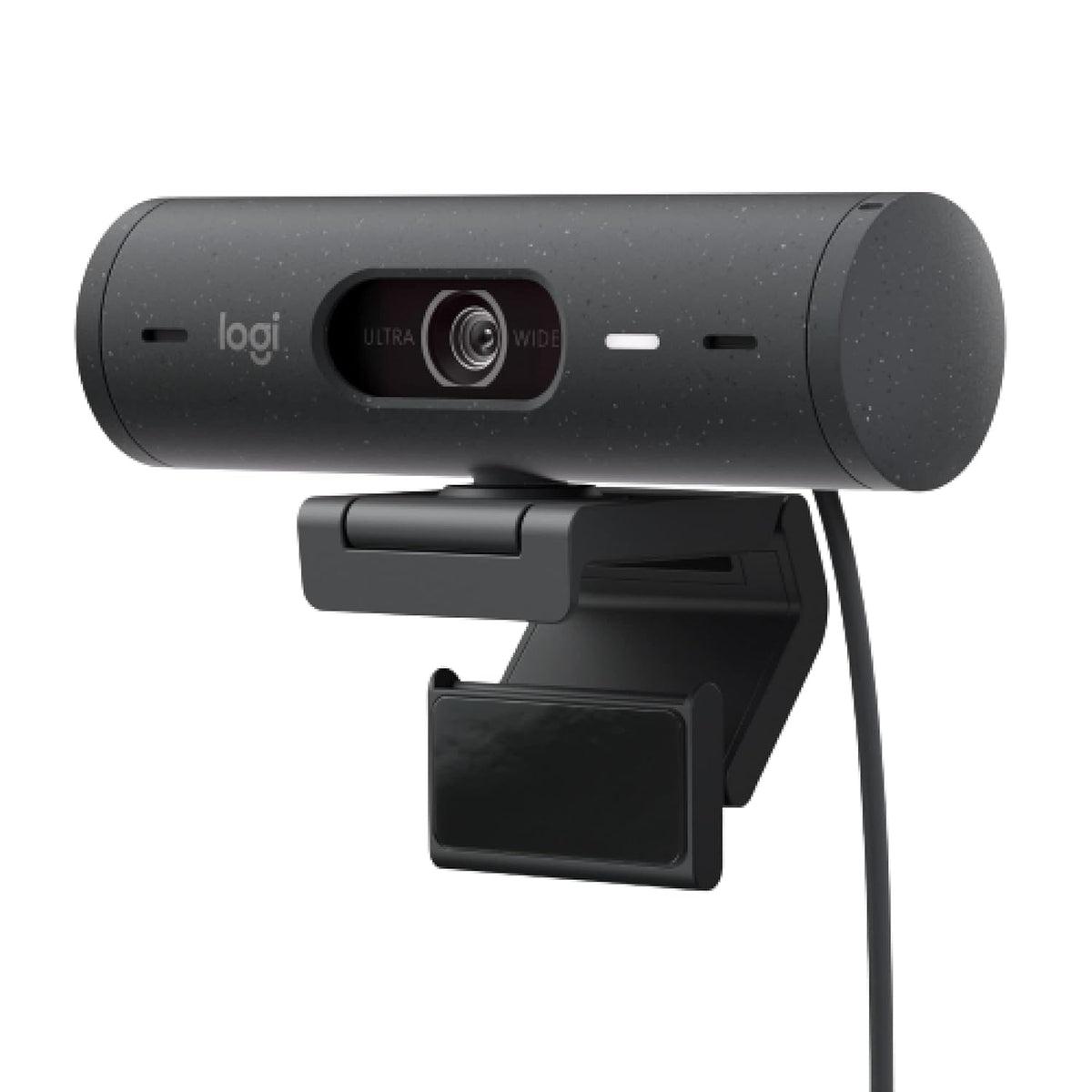 Black Logitech webcam on a white background