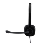 Black headset with microphone on a white background