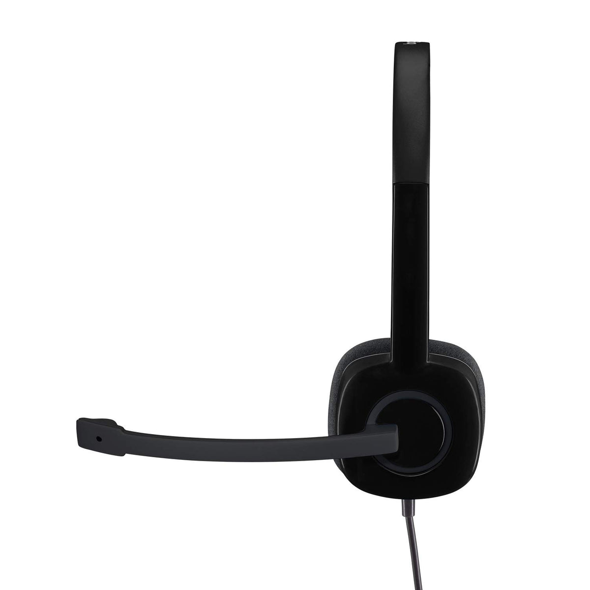 Black headset with microphone on a white background