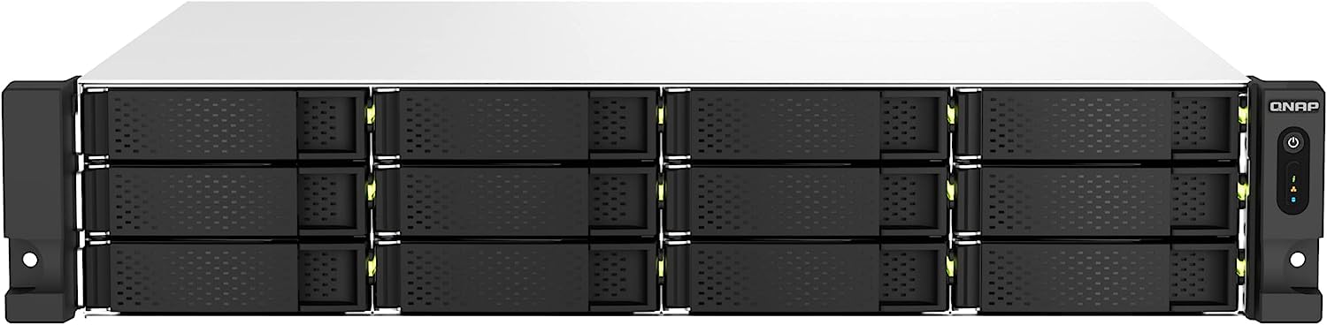 Server rack with multiple hard drives on a white background