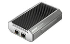 A QNAP dual-port 1Gb Ethernet industrial server enclosure with a silver aluminum chassis, black ribbed heatsink top, and two RJ45 network ports on the front, shown on a white background.