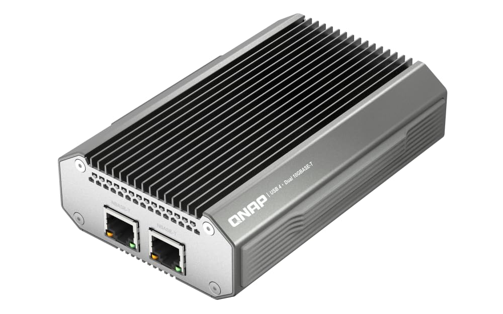 A QNAP dual-port 1Gb Ethernet industrial server enclosure with a silver aluminum chassis, black ribbed heatsink top, and two RJ45 network ports on the front, shown on a white background.