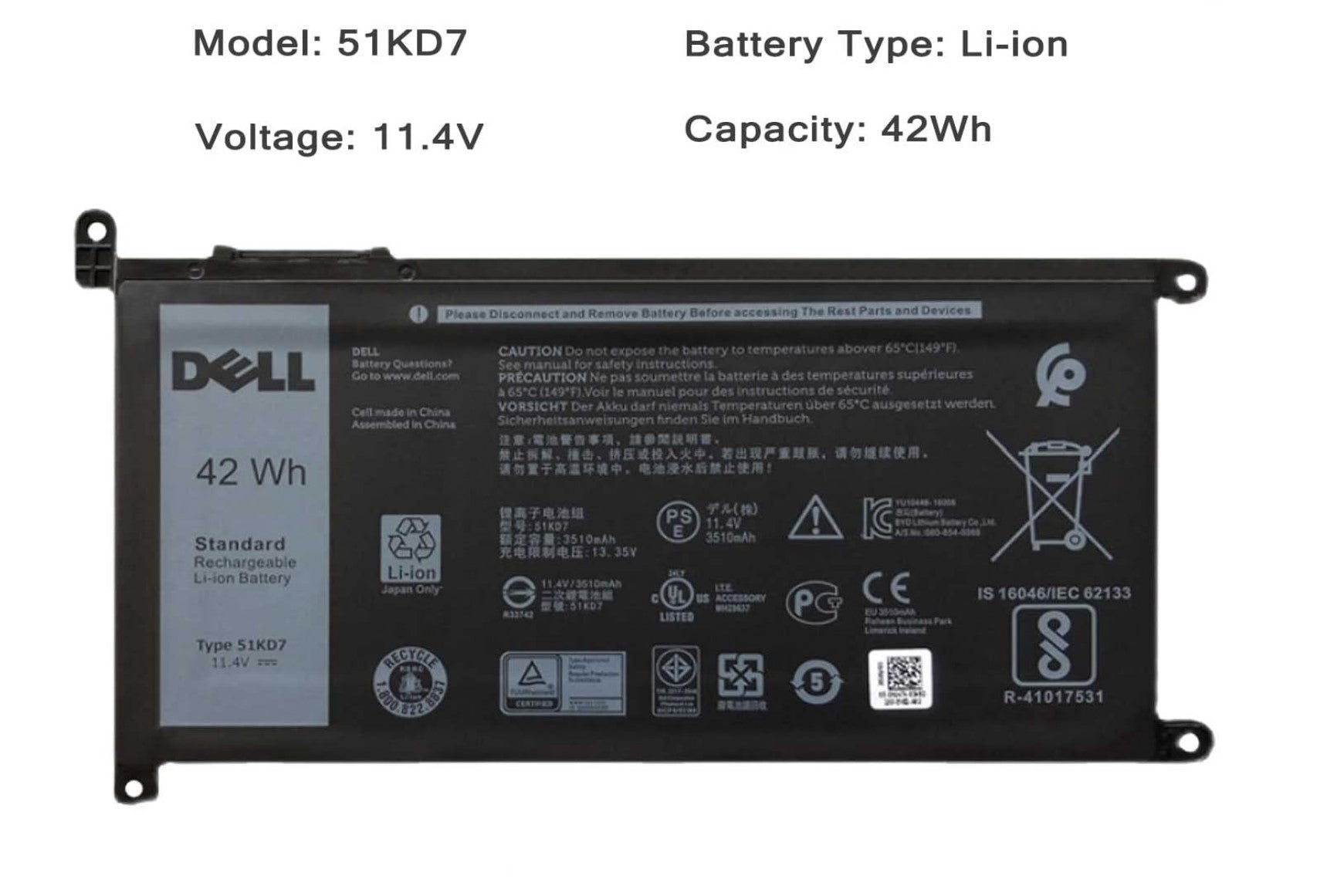 Dell Original Laptop Battery for Chromebook 11 5190 Chromebook 14 3400 42WHr 11.4V 3 Cell
