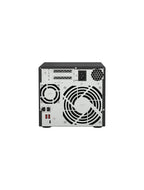 The rear view of a compact desktop power supply unit, featuring a black top and side casing with a silver metal back panel, dual large cooling fans, and various port connectors.