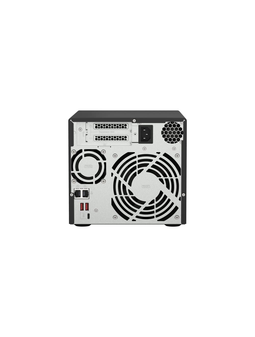The rear view of a compact desktop power supply unit, featuring a black top and side casing with a silver metal back panel, dual large cooling fans, and various port connectors.