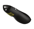 Black handheld device with a yellow label on a white background