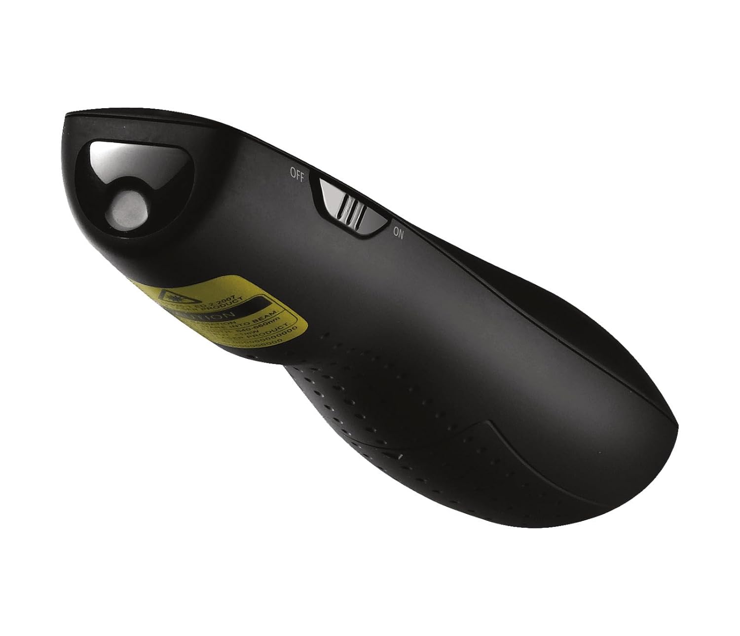 Black handheld device with a yellow label on a white background