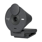Logitech web camera in a dark speckled gray finish, featuring a circular lens cover, a small white LED indicator light, and a clip base, shown on a solid white background.