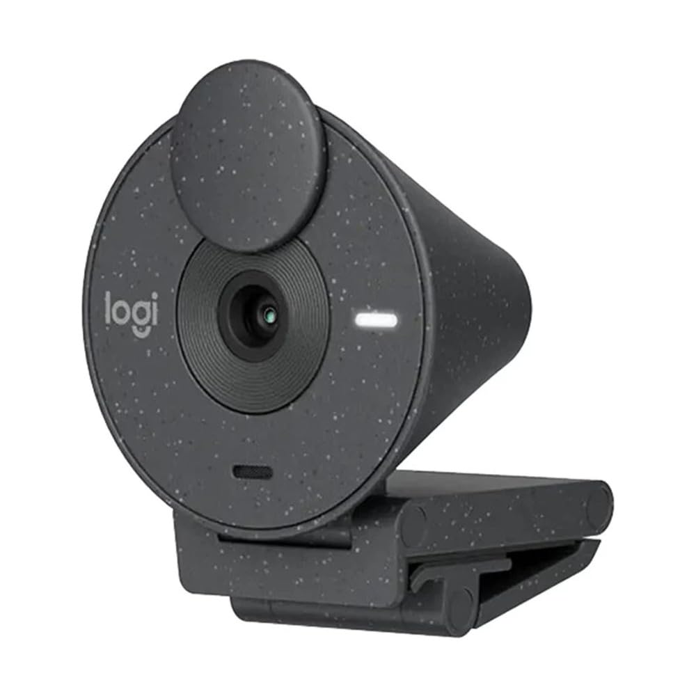 Logitech web camera in a dark speckled gray finish, featuring a circular lens cover, a small white LED indicator light, and a clip base, shown on a solid white background.