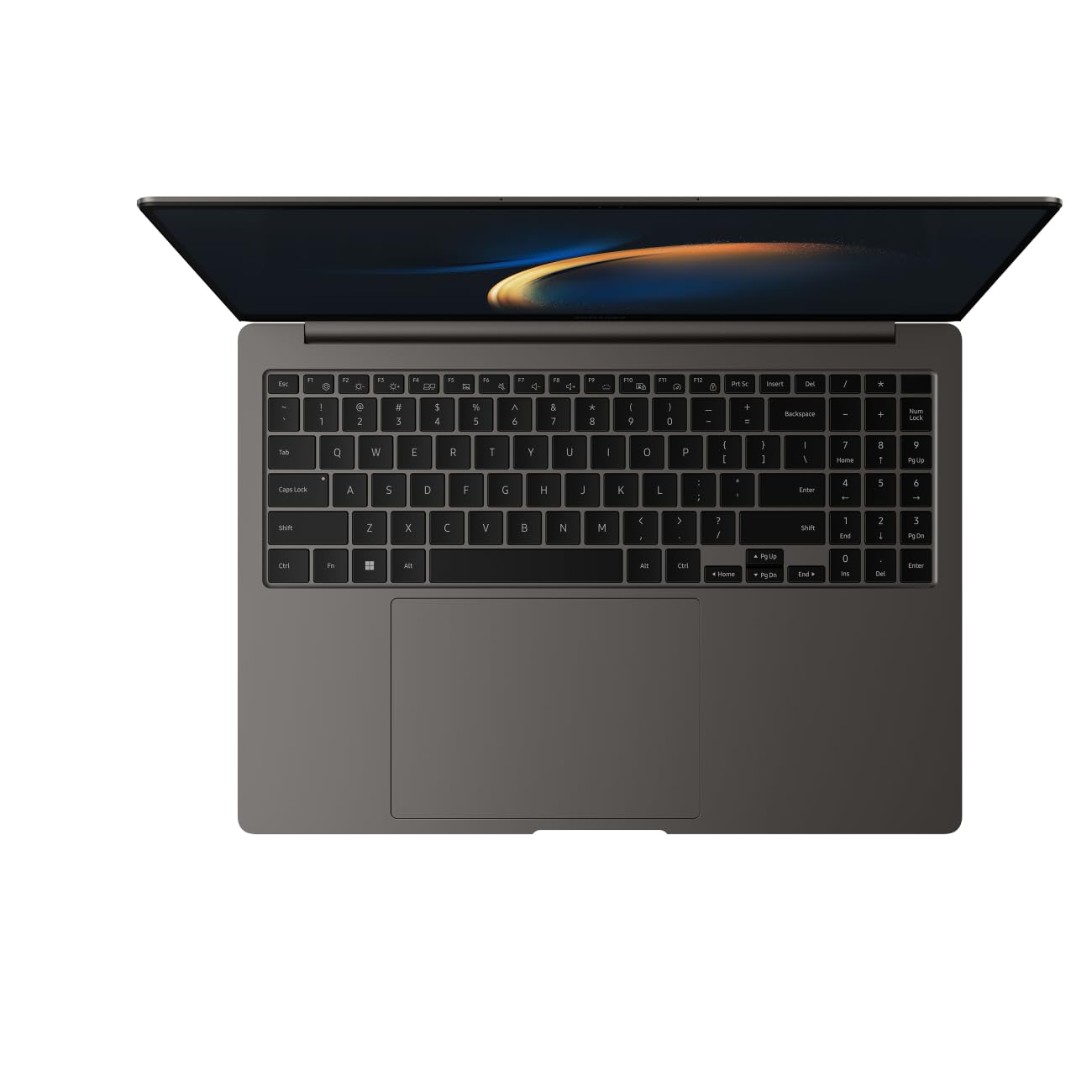 A dark gray laptop shown open from a top-down perspective on a solid white background, displaying a black keyboard and a screen with a dark wallpaper.