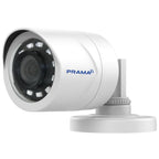 A white PRAMA security camera with a cylindrical body, black lens, and visible LED light elements, mounted on a white base against a plain white background.