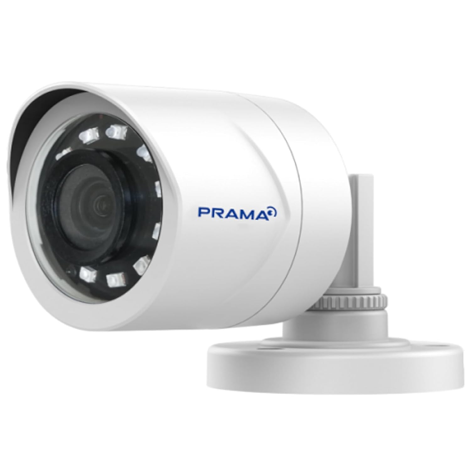 A white PRAMA security camera with a cylindrical body, black lens, and visible LED light elements, mounted on a white base against a plain white background.