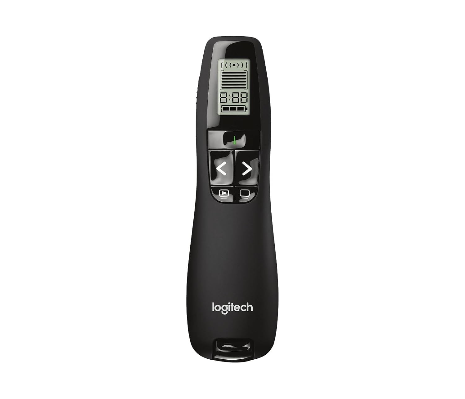 Logitech presentation remote control in matte black with a small LCD display and directional buttons, shown on a plain white background.