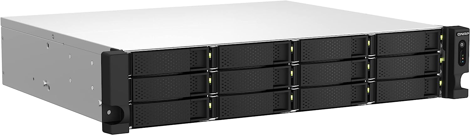 Server rack with multiple hard drive bays on a white background