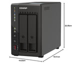 QNAP network storage device shown in a clean studio-style shot with dimension lines and measurements indicating width, depth, and height.