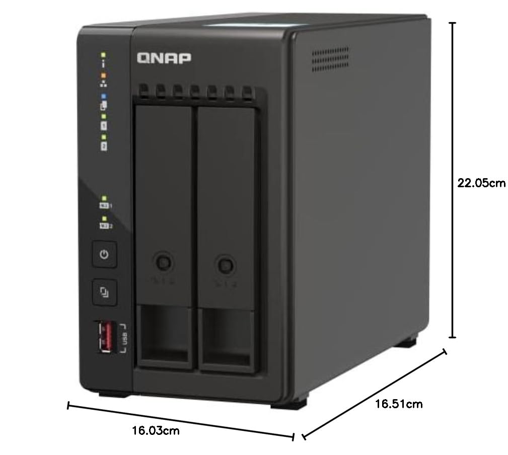 QNAP network storage device shown in a clean studio-style shot with dimension lines and measurements indicating width, depth, and height.