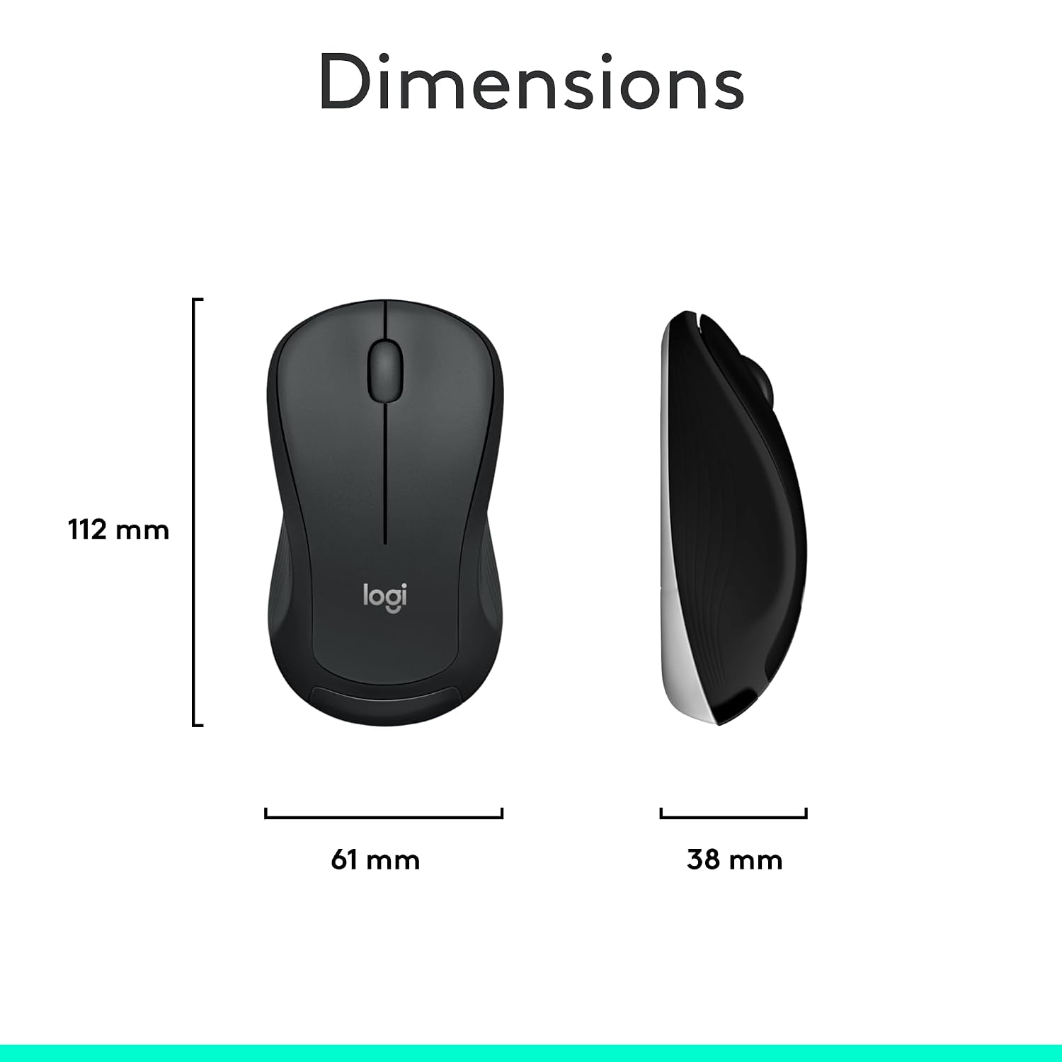 Logitech mouse with dimensions and weight displayed