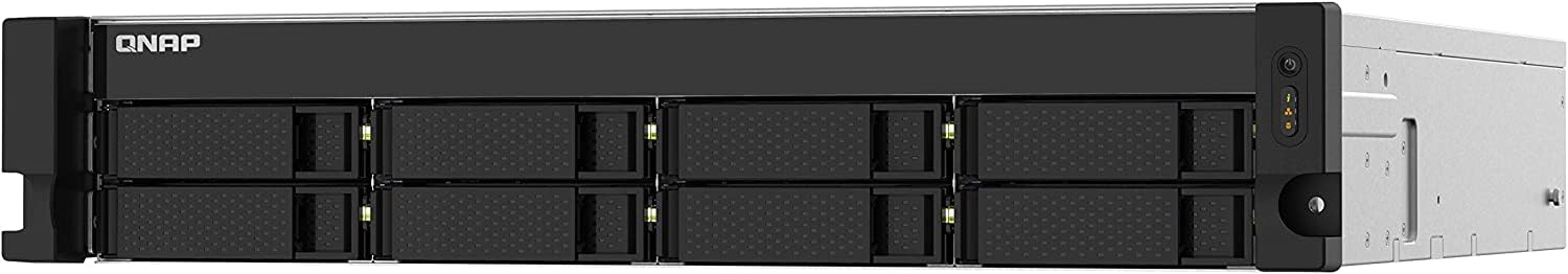 A front-facing view of a black ONAP network storage server chassis with multiple drive bays and a silver side panel.