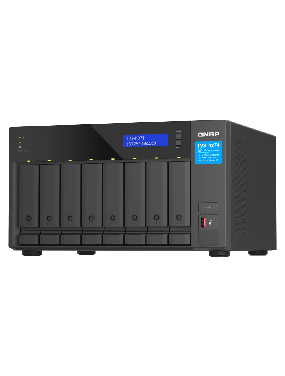 Black network-attached storage device with multiple hard drive bays on a white background