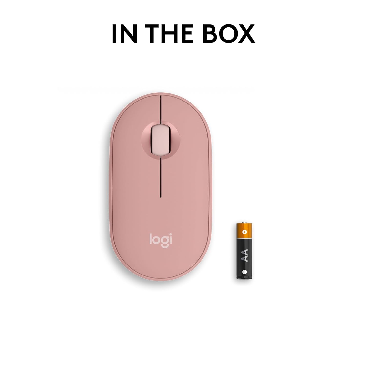 Rose gold computer mouse with Logitech logo and a battery on a white background.