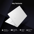 White laptop on a dark background with key features listed.