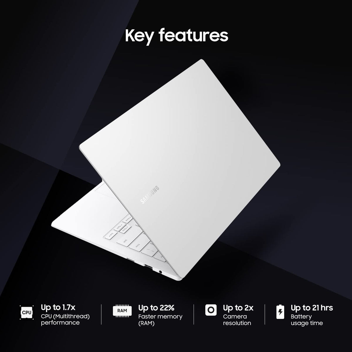 White laptop on a dark background with key features listed.