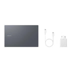 Samsung laptop with charger and cable on a white background