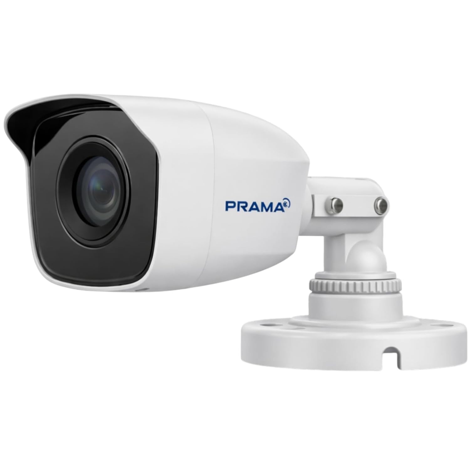 White security camera with black lens on a white background, featuring the brand 'Prama'.