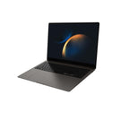 A dark gray open laptop with a black keyboard and screen, shown at an angle on a plain white background.