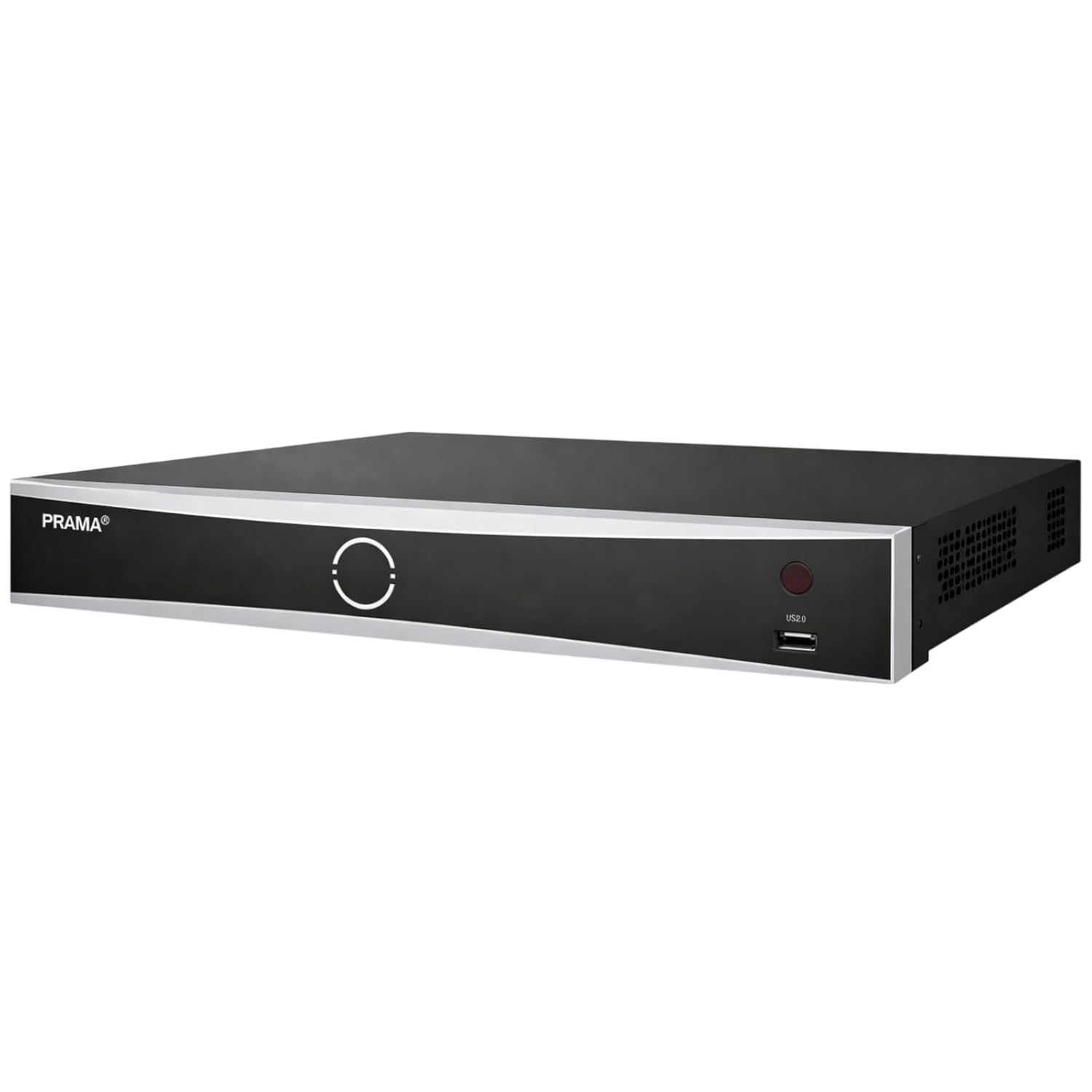 A PRAMA 8-channel digital video recorder (DVR) in a black metal chassis with silver trim, shown from a three-quarters angle on a plain white background.
