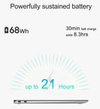 Promotional graphic for a laptop battery showing a slim silver laptop side profile on a light gray background, with text stating 'Powerfully sustained battery,' '68Wh,' '30min fast charge adds 8.3hrs,' and 'up to 21 Hours' with a teal charging arc illustration.