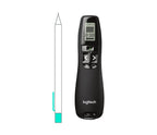 Logitech presentation pointer shown in two views on a white background: a side profile drawing with a cyan highlight and the actual black remote control with a small display and navigation buttons.